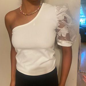 One shoulder white top with floral mesh sleeve